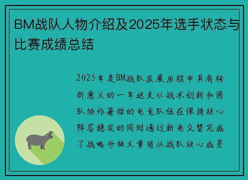 BM战队人物介绍及2025年选手状态与比赛成绩总结