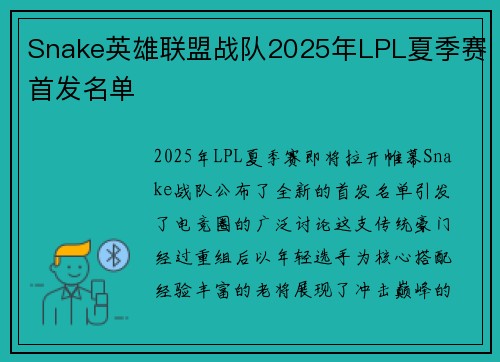 Snake英雄联盟战队2025年LPL夏季赛首发名单